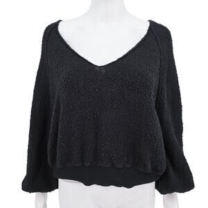 Free People Boho Terry V-Neck Round Seam Sweater Black S